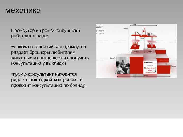 механика Промоутер и промо-консультант работают в паре: • у входа в торговый зал промоутер