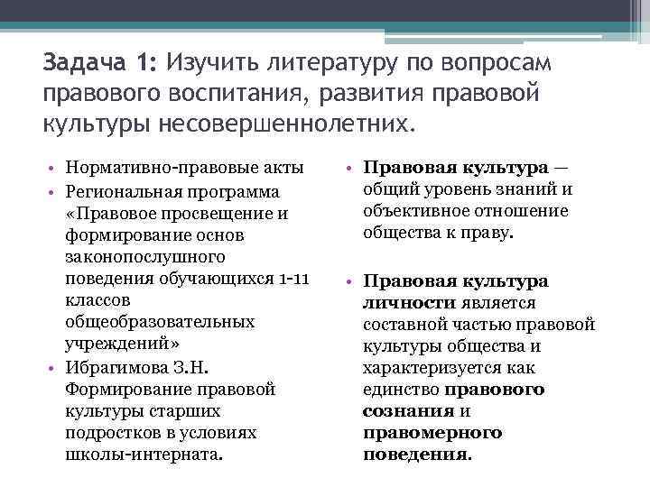 Задача 1: Изучить литературу по вопросам правового воспитания, развития правовой культуры несовершеннолетних. • Нормативно-правовые