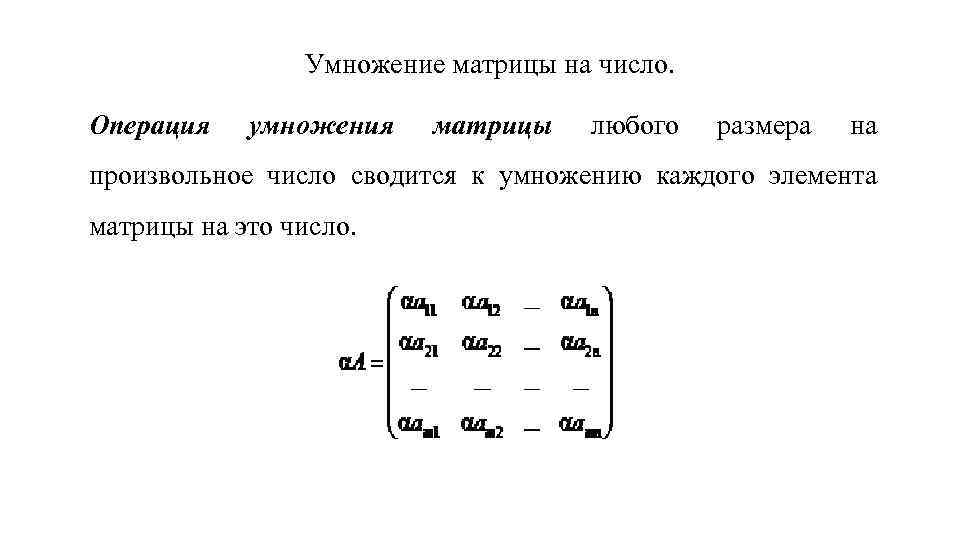 Умножение матрицы на число. Операция умножения матрицы любого размера на произвольное число сводится к