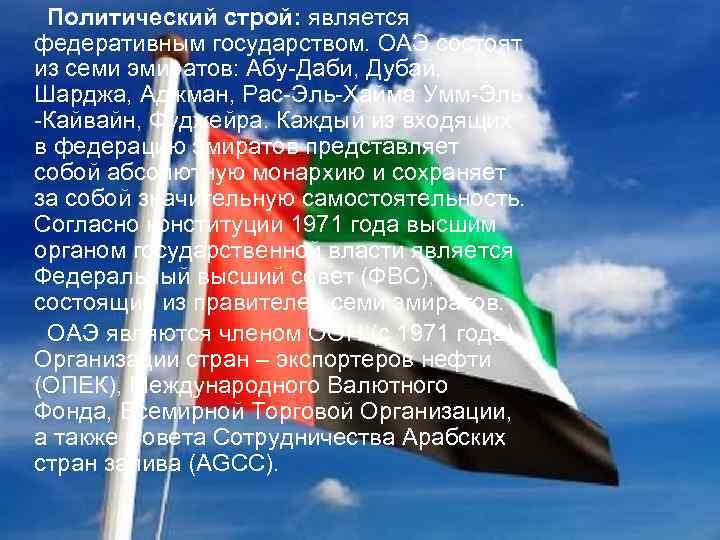 Политический строй: является федеративным государством. ОАЭ состоят из семи эмиратов: Абу-Даби, Дубай, Шарджа, Аджман,