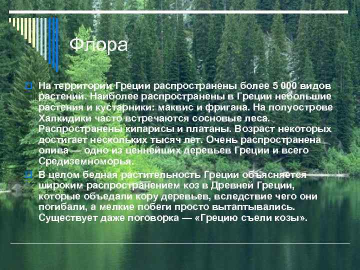 Флора На территории Греции распространены более 5 000 видов растений. Наиболее распространены в Греции