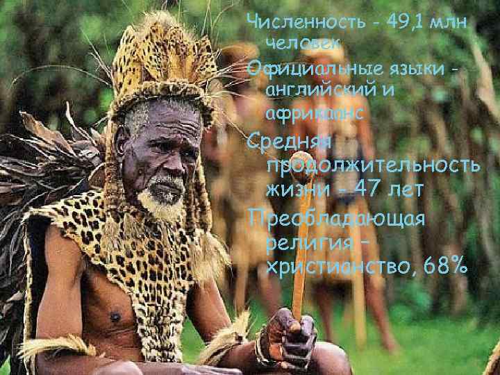 Численность - 49, 1 млн человек Официальные языки английский и африкаанс Средняя продолжительность жизни