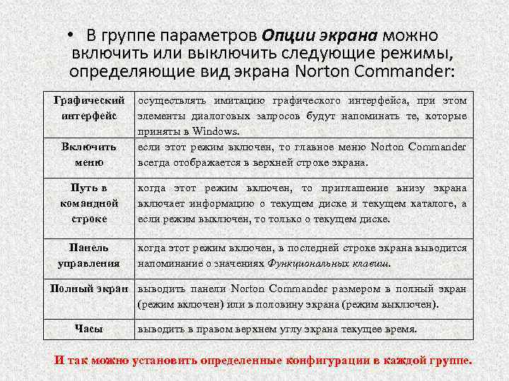  • В группе параметров Опции экрана можно включить или выключить следующие режимы, определяющие