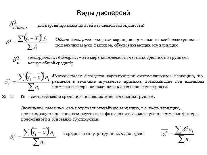Виды дисперсий дисперсия признака по всей изучаемой совокупности; Общая дисперсия измеряет вариацию признака во