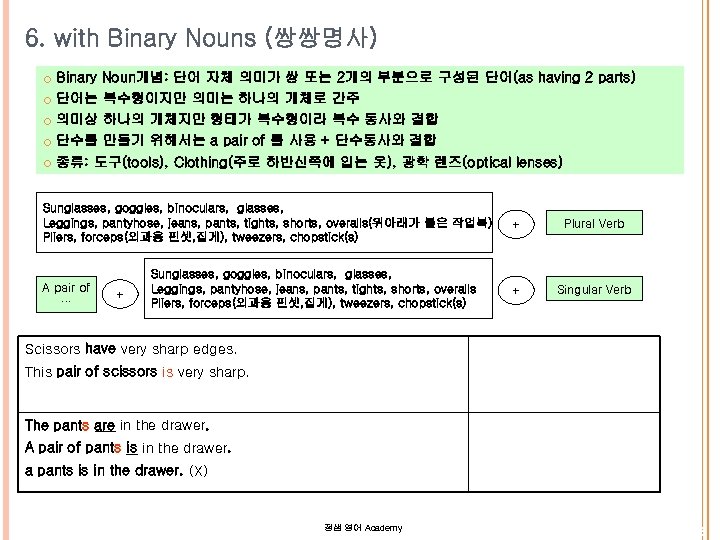 6. with Binary Nouns (쌍쌍명사) Binary Noun개념: 단어 자체 의미가 쌍 또는 2개의 부분으로