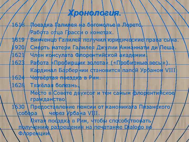 Хронология. 1618 Поездка Галилея на богомолье в Лорето. Работа отца Грасси о кометах. 1619