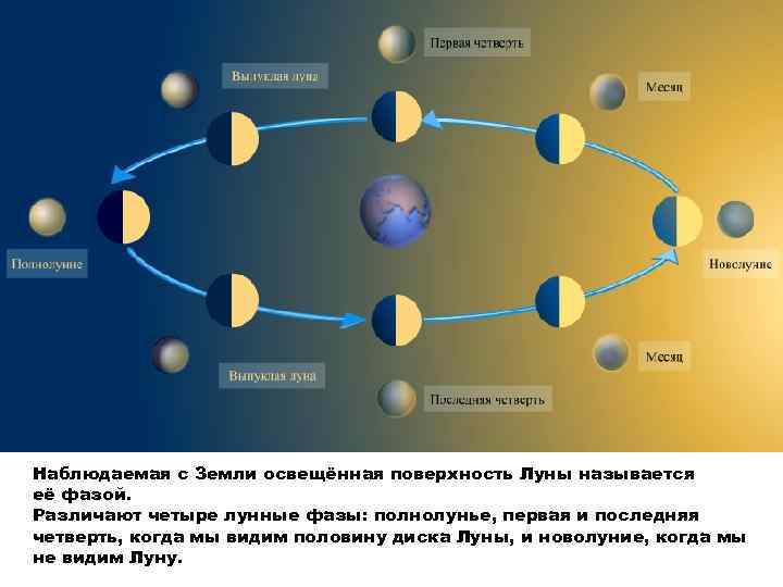 Наблюдаемая с Земли освещённая поверхность Луны называется её фазой. Различают четыре лунные фазы: полнолунье,