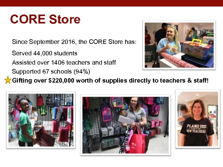 CORE Store Since September 2016, the CORE Store has: Served 44, 000 students Assisted