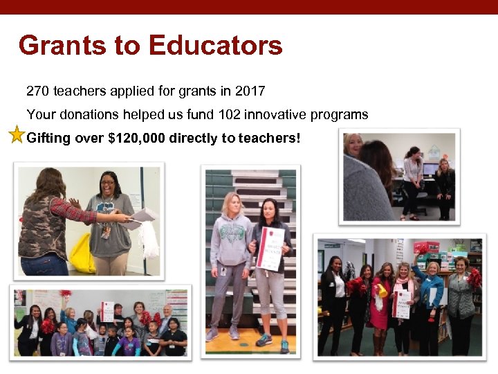 Grants to Educators 270 teachers applied for grants in 2017 Your donations helped us