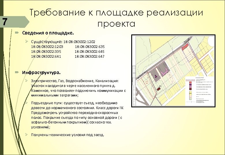 7 Требование к площадке реализации проекта Сведения о площадке. Ø Существующие: 18: 083002: 1202