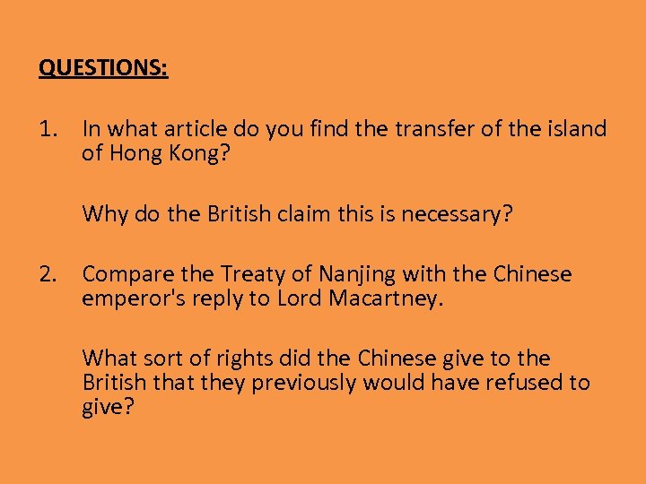 QUESTIONS: 1. In what article do you find the transfer of the island of