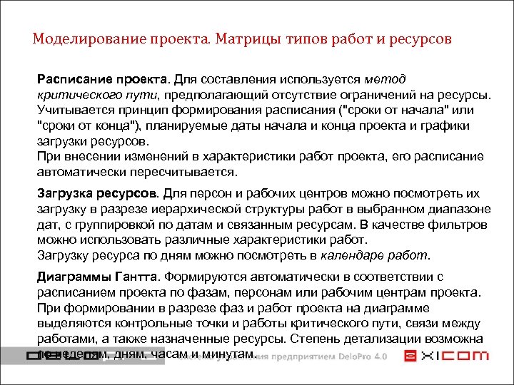 Моделирование проекта. Матрицы типов работ и ресурсов Расписание проекта. Для составления используется метод критического