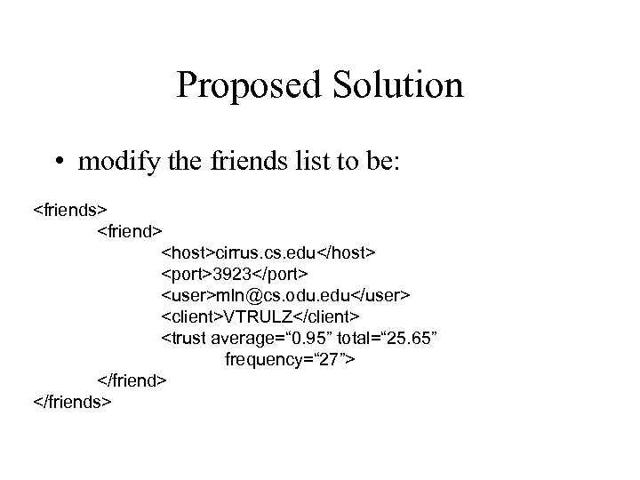 Proposed Solution • modify the friends list to be: <friends> <friend> <host>cirrus. cs. edu</host>