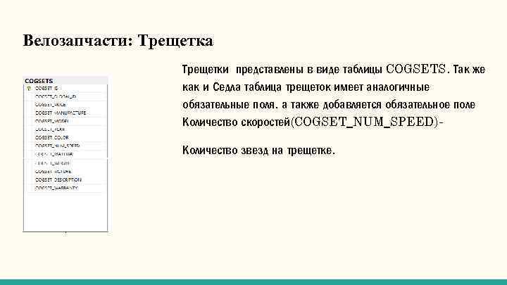Велозапчасти: Трещетка Трещетки представлены в виде таблицы COGSETS. Так же как и Седла таблица