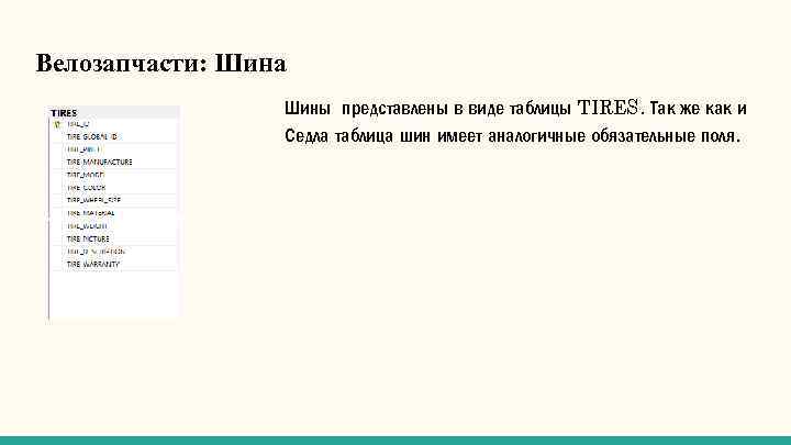 Велозапчасти: Шина Шины представлены в виде таблицы TIRES. Так же как и Седла таблица
