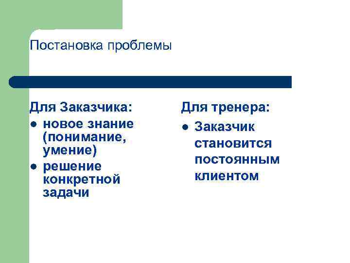 Постановка проблемы Для Заказчика: l новое знание (понимание, умение) l решение конкретной задачи Для