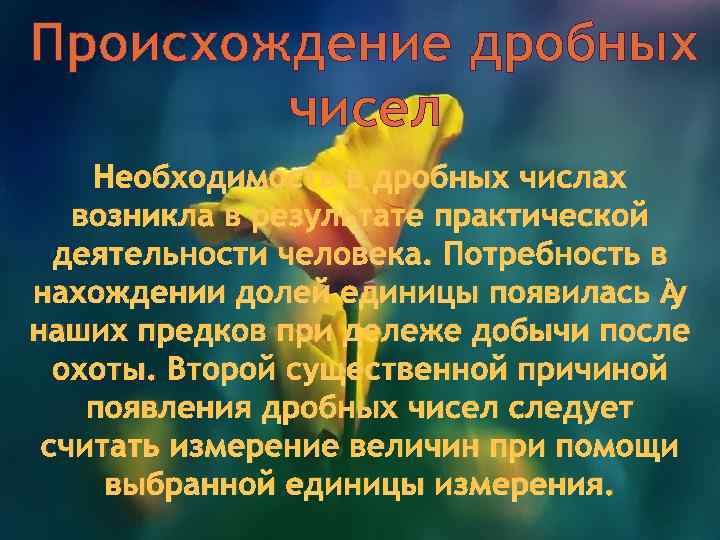 Происхождение дробных чисел Необходимость в дробных числах возникла в результате практической деятельности человека. Потребность