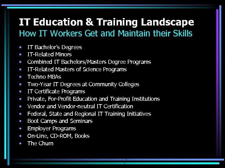 IT Education & Training Landscape How IT Workers Get and Maintain their Skills •
