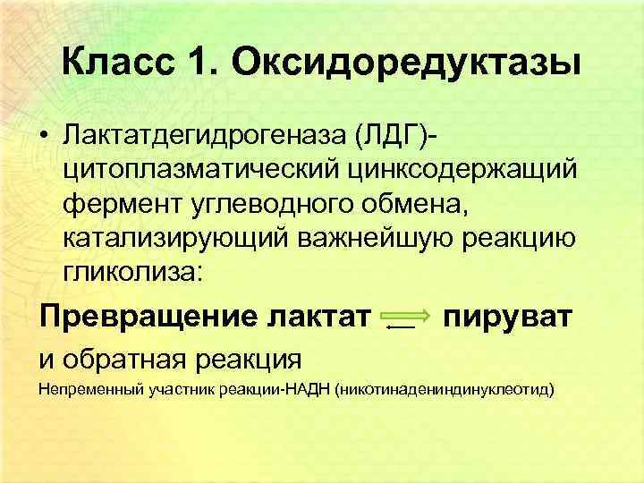 Класс 1. Оксидоредуктазы • Лактатдегидрогеназа (ЛДГ)цитоплазматический цинксодержащий фермент углеводного обмена, катализирующий важнейшую реакцию гликолиза: