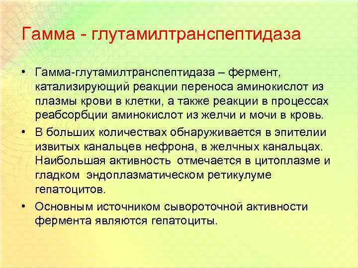 Гамма - глутамилтранспептидаза • Гамма-глутамилтранспептидаза – фермент, катализирующий реакции переноса аминокислот из плазмы крови