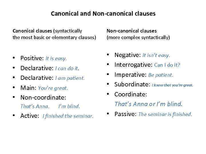 Canonical and Non-canonical clauses Canonical clauses (syntactically the most basic or elementary clauses) •