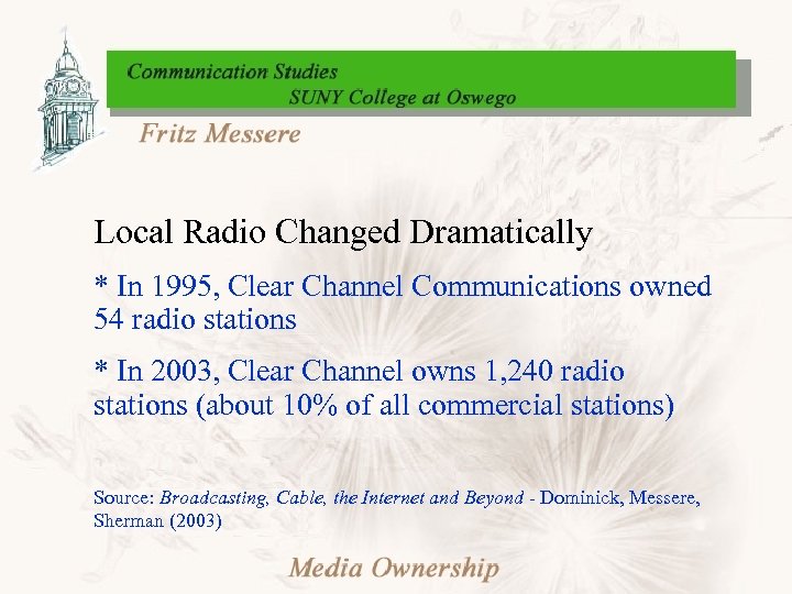 Local Radio Changed Dramatically * In 1995, Clear Channel Communications owned 54 radio stations