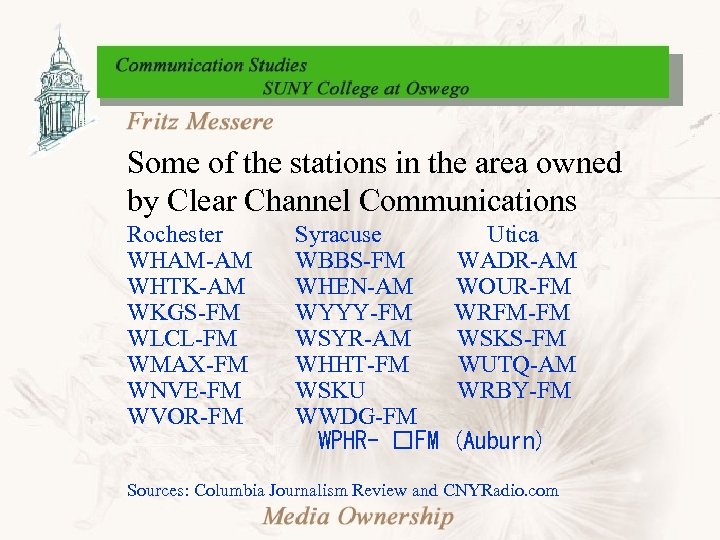Some of the stations in the area owned by Clear Channel Communications Rochester WHAM-AM