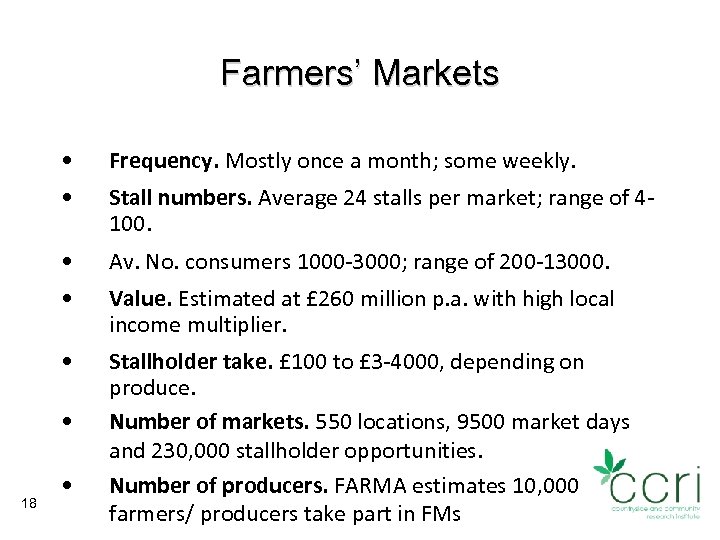Farmers’ Markets • Frequency. Mostly once a month; some weekly. • Stall numbers. Average