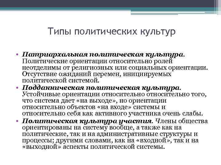 Запишите слово пропущенное в схеме политическая патриархальная подданническая участия