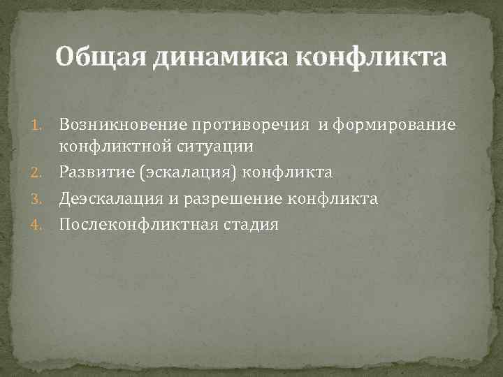 Общая динамика конфликта Возникновение противоречия и формирование конфликтной ситуации 2. Развитие (эскалация) конфликта 3.