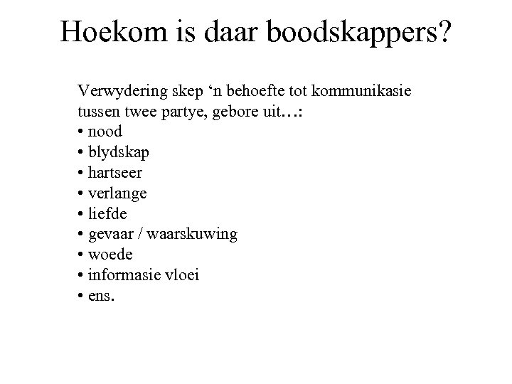 Hoekom is daar boodskappers? Verwydering skep ‘n behoefte tot kommunikasie tussen twee partye, gebore