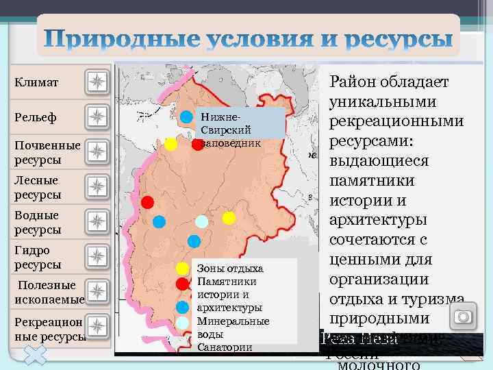 в н ел о Во л хо га Рекреацион ные ресурсы Лу Полезные ископаемые