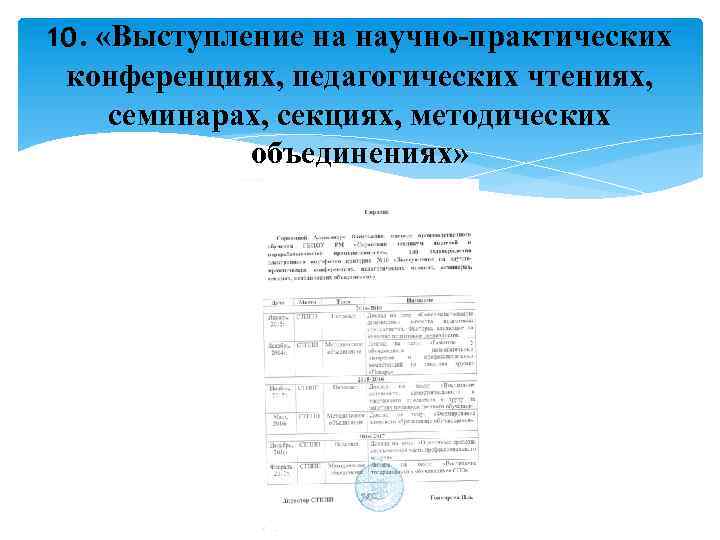 10. «Выступление на научно-практических конференциях, педагогических чтениях, семинарах, секциях, методических объединениях» 
