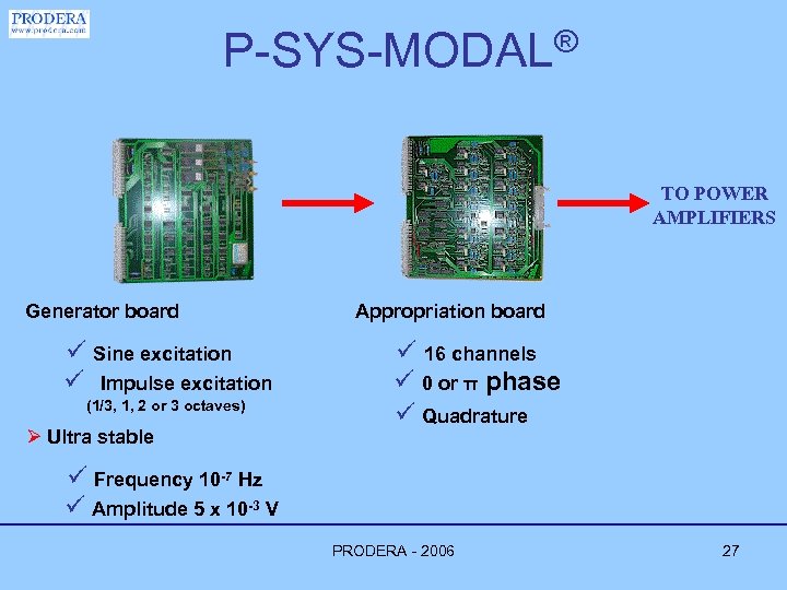 P-SYS-MODAL® TO POWER AMPLIFIERS Generator board ü Sine excitation ü Impulse excitation (1/3, 1,
