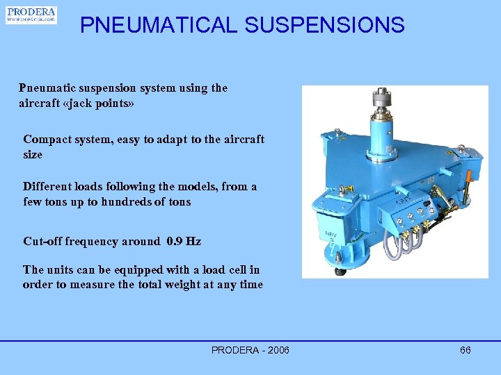 PNEUMATICAL SUSPENSIONS Pneumatic suspension system using the aircraft «jack points» Compact system, easy to