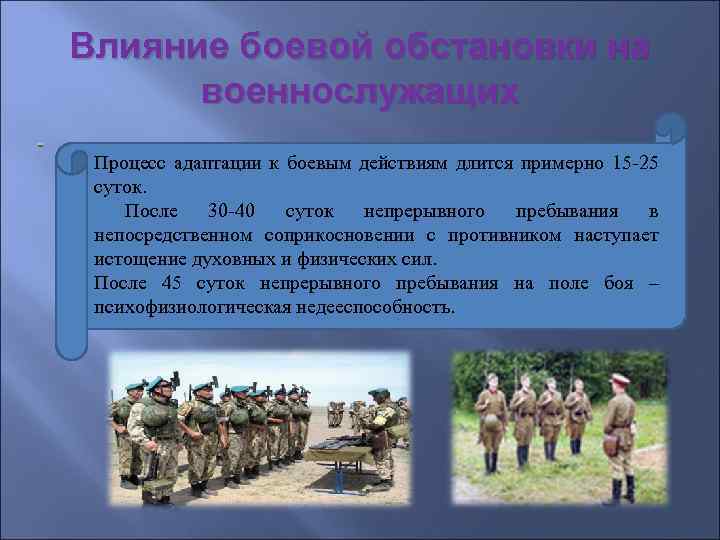Влияние боевой обстановки на военнослужащих Процесс адаптации к боевым действиям длится примерно 15 -25