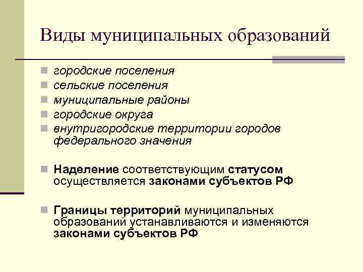 Виды муниципальных образований n n n городские поселения сельские поселения муниципальные районы городские округа