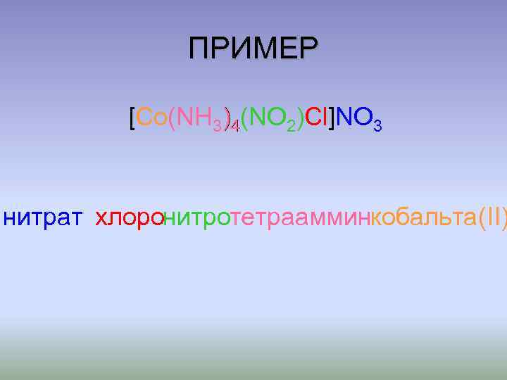 ПРИМЕР Co(NH )Cl NO [Co(NH 3)4(NO 2)Cl]NO 3 нитрат хлоронитротетраамминкобальта(II) 