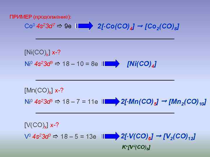 ПРИМЕР (продолжение): Co 0 4 s 23 d 7 9 e 2[ Co(CO)4] [Co