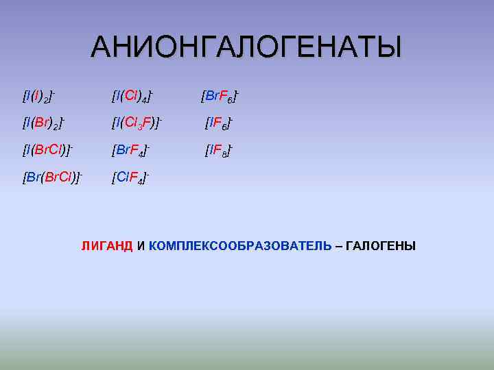 АНИОНГАЛОГЕНАТЫ [I(I)2]- [I(Cl)4]- [Br. F 6]- [I(Br)2]- [I(Cl 3 F)]- [IF 6]- [I(Br. Cl)]-