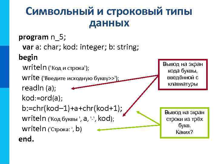 Символьный и строковый типы данных program n_5; var a: char; kod: integer; b: string;