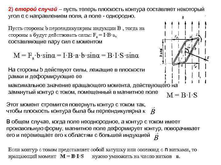 2) второй случай – пусть теперь плоскость контура составляет некоторый угол α с направлением