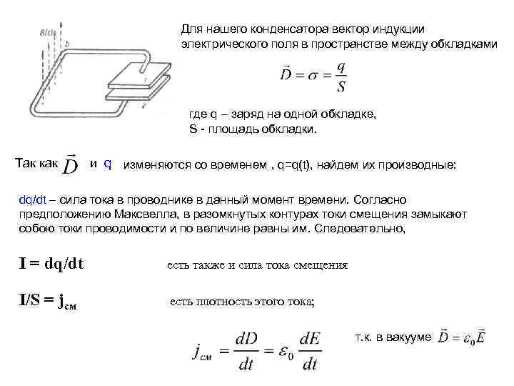 Для нашего конденсатора вектор индукции электрического поля в пространстве между обкладками где q –