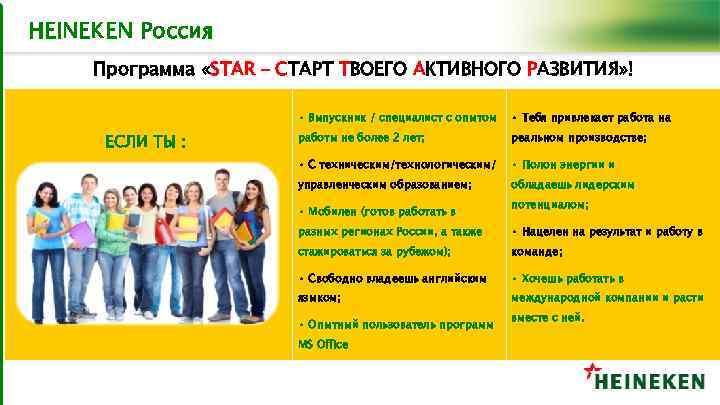 HEINEKEN Россия Программа «STAR – СТАРТ ТВОЕГО АКТИВНОГО РАЗВИТИЯ» ! • Выпускник / специалист