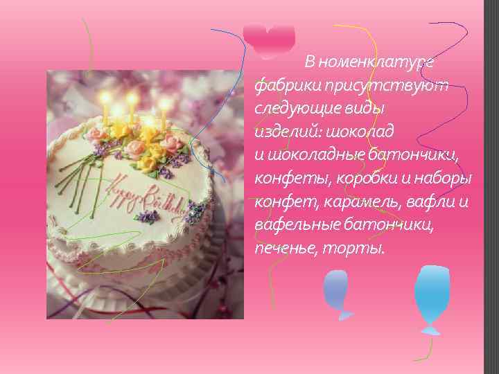 В номенклатуре фабрики присутствуют следующие виды изделий: шоколад и шоколадные батончики, конфеты, коробки и