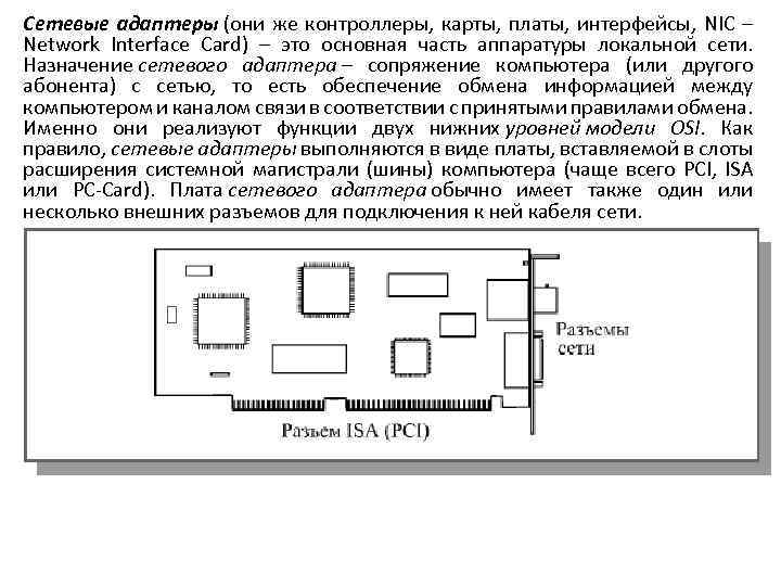 Сетевые адаптеры (они же контроллеры, карты, платы, интерфейсы, NIC – Network Interface Card) –