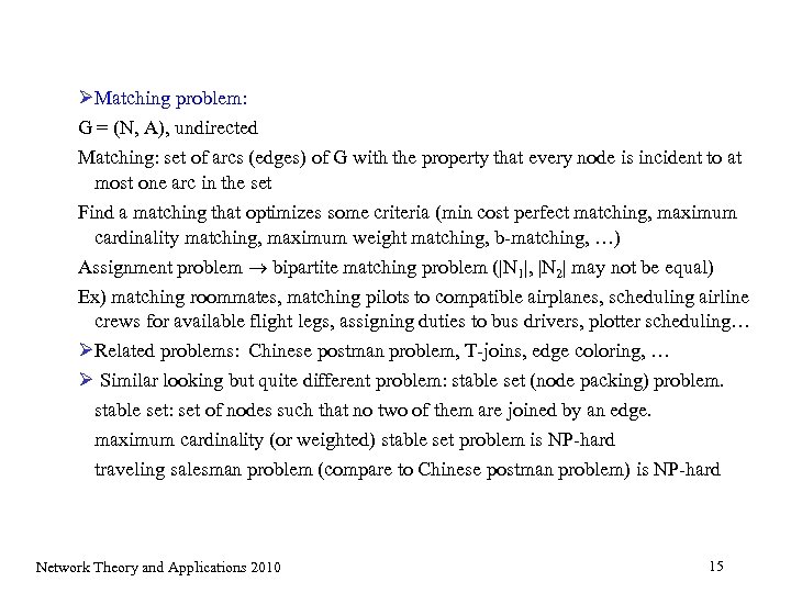 Ø Matching problem: G = (N, A), undirected Matching: set of arcs (edges) of