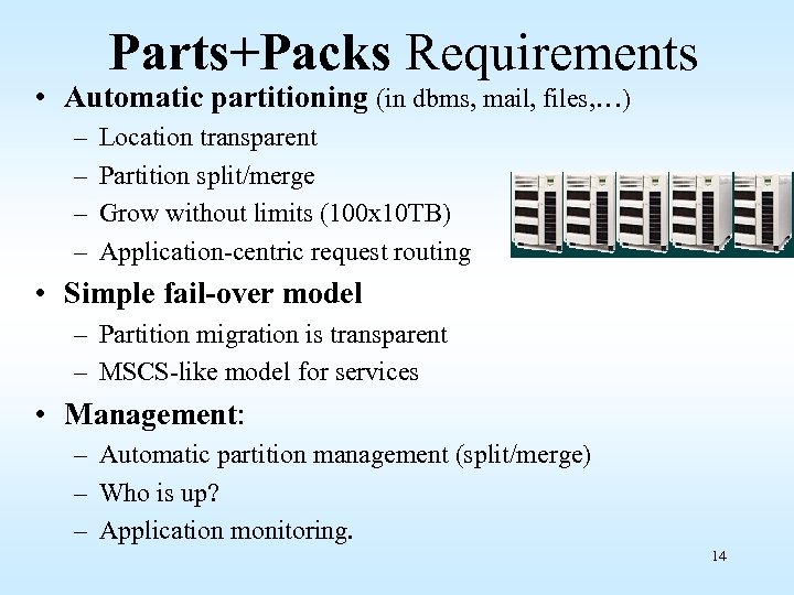 Parts+Packs Requirements • Automatic partitioning (in dbms, mail, files, …) – – Location transparent