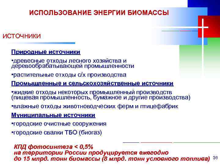 ИСПОЛЬЗОВАНИЕ ЭНЕРГИИ БИОМАССЫ ИСТОЧНИКИ Природные источники • древесные отходы лесного хозяйства и деревообрабатывающей промышленности