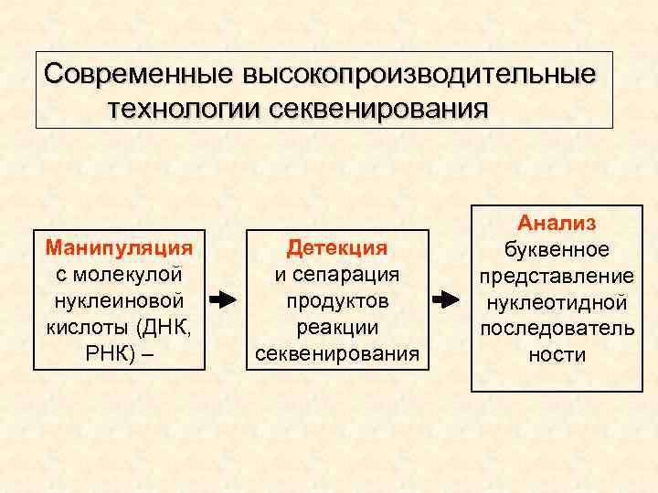 Современные высокопроизводительные технологии секвенирования Манипуляция с молекулой нуклеиновой кислоты (ДНК, РНК) – Детекция и